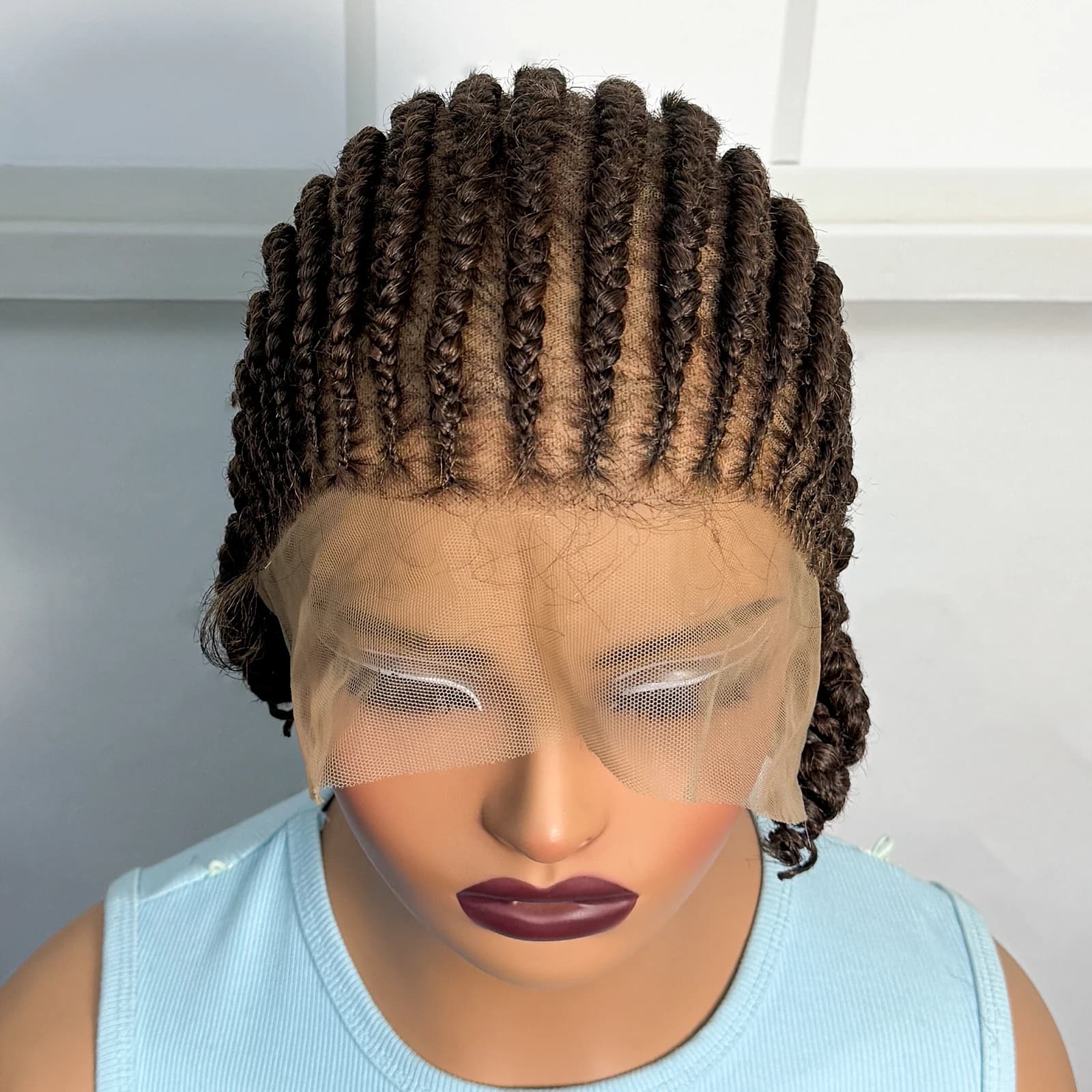 Perruque courte tressée ombrée style cornrow, perruque synthétique pleine dentelle tressée avec chev