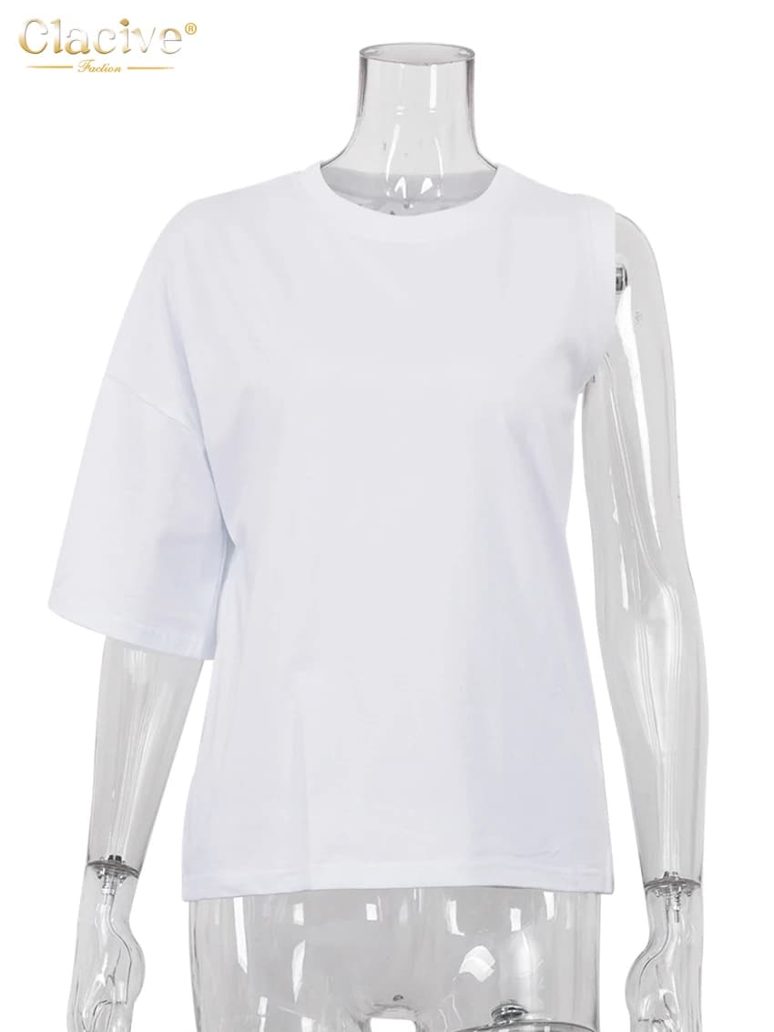 T-shirt manches courtes col rond femme, élégant, Chic, asymétrique, blanc, ample, à la mode, été, 20