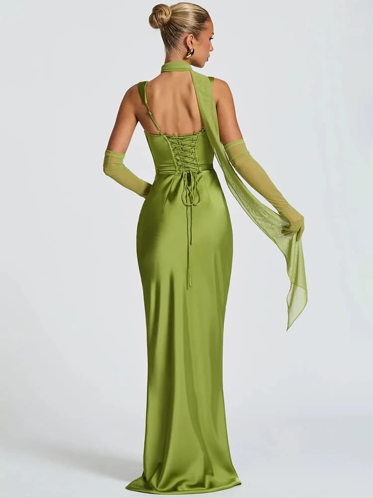 Robe longue en Satin sans bretelles, élégante, Corset vert, dos nu, rose, soirée, anniversaire, mari