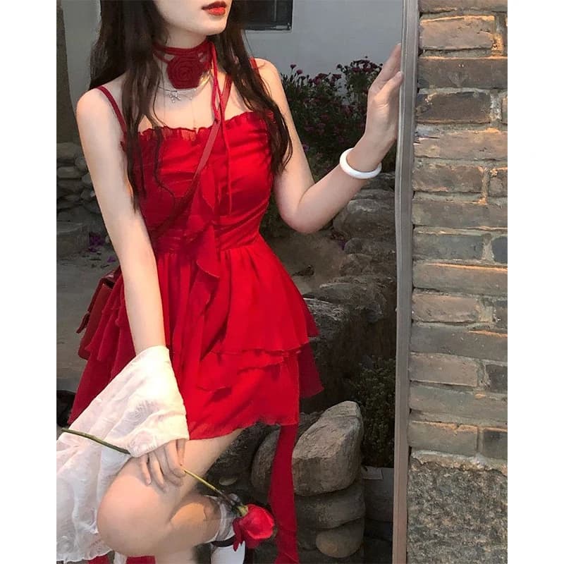 Vintage Ruffles Mini Dress Women Y2K Party Sexy Spaghetti Strap Red Dresses Summer Korean Irregular 
