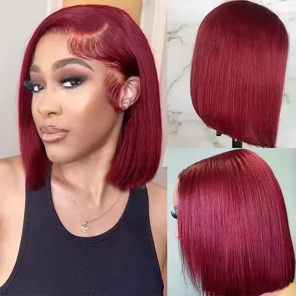 Perruques bob droites bordeaux 99J, prêtes à porter, sans colle, perruques en cheveux humains avec d