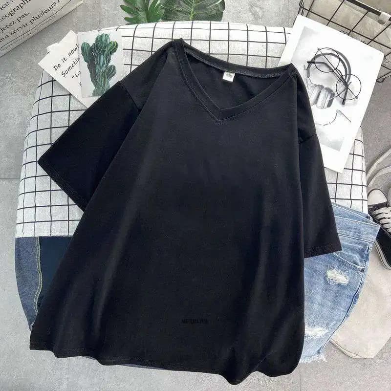 T-shirt manches courtes col V femme, estival et décontracté, en coton, noir, grande taille 6XL 150kg