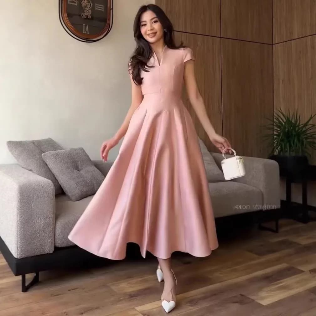 Hepburn Style élégant automne longue robe femmes col en v solide à manches courtes été Midi robes fo