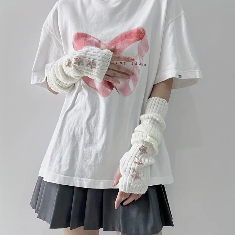 1 paire de gants sans doigts pour femmes, avec décoration d'étoiles, blanc/noir/rose, lavables en ma