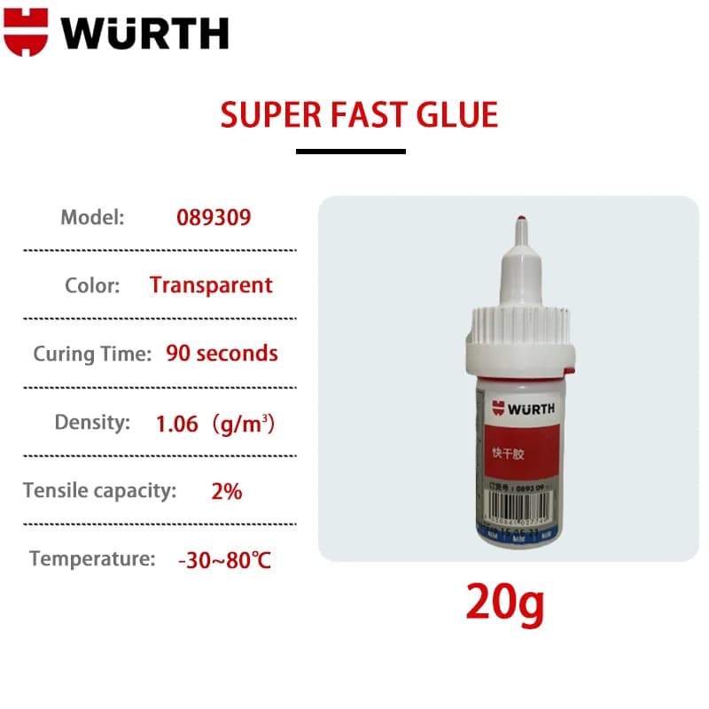 Colle CA super rapide WURTH 20g 50g, séchage rapide, adhésif instantané puissant pour métal, plastiq
