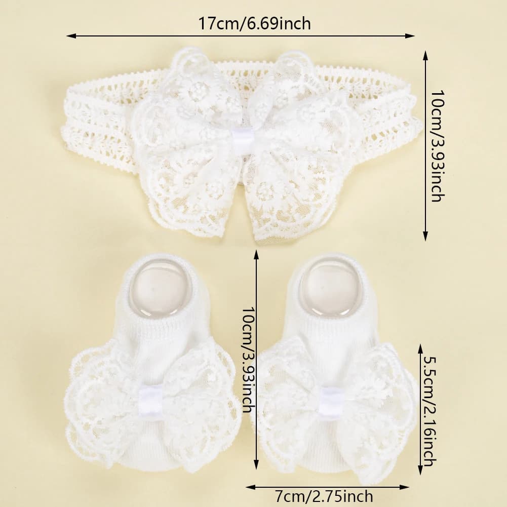 3 pièces/ensemble crème dentelle bébé bandeaux et chaussettes nouveau-né princesse filles large stra
