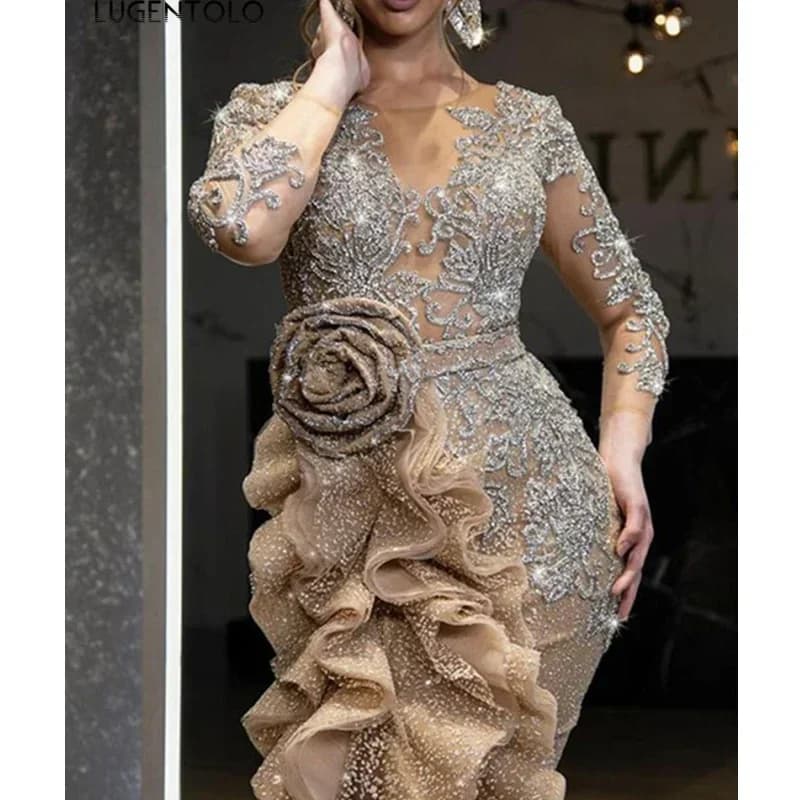 Lugentolo-Robe de soirée à paillettes pour femmes, nœud mince, manches longues, col rond, maille élé