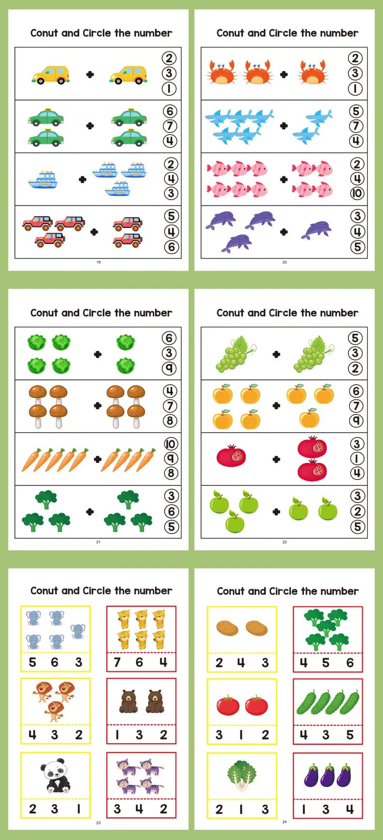Cahier d'exercices de mathématiques préscolaires, comprenant des pages d'addition et de soustraction
