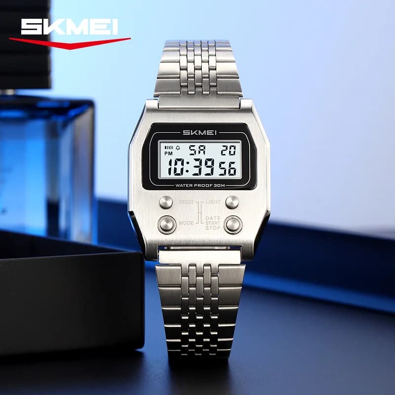 SKMEI 2460 montre numérique de sport étanche pour hommes en acier inoxydable de luxe rétro LED révei