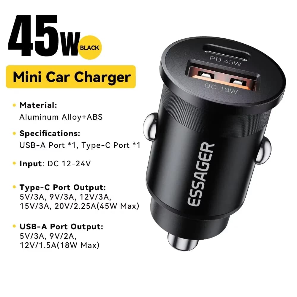 Essager 45W chargeur de voiture charge rapide double Port PD QC3.0 type-c chargeur rapide pour iPhon