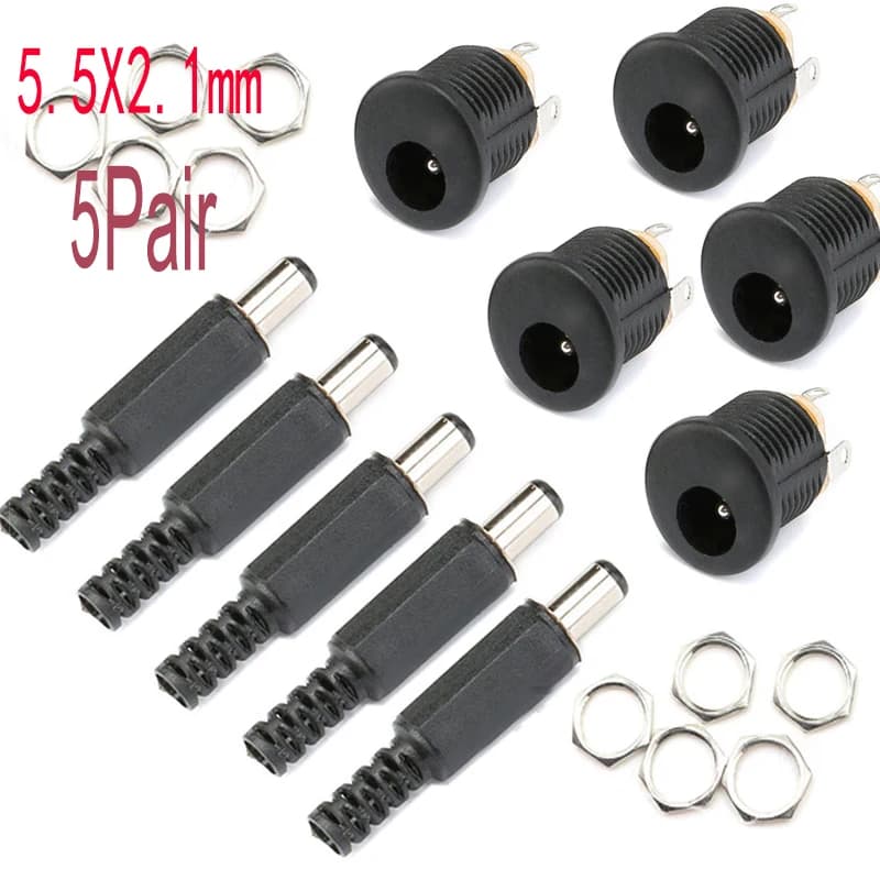 5 paires d'alimentation cc 5.5x2.1mm, prise mâle + Jack femelle, connecteur de fil à souder monté su