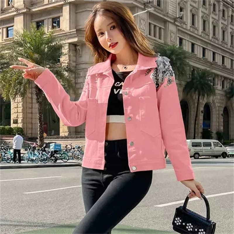 Veste Courte en Denim pour Femme, Couleurs Bonbons, Manteau en Jean avec Rivets Appliqués, pour Étud
