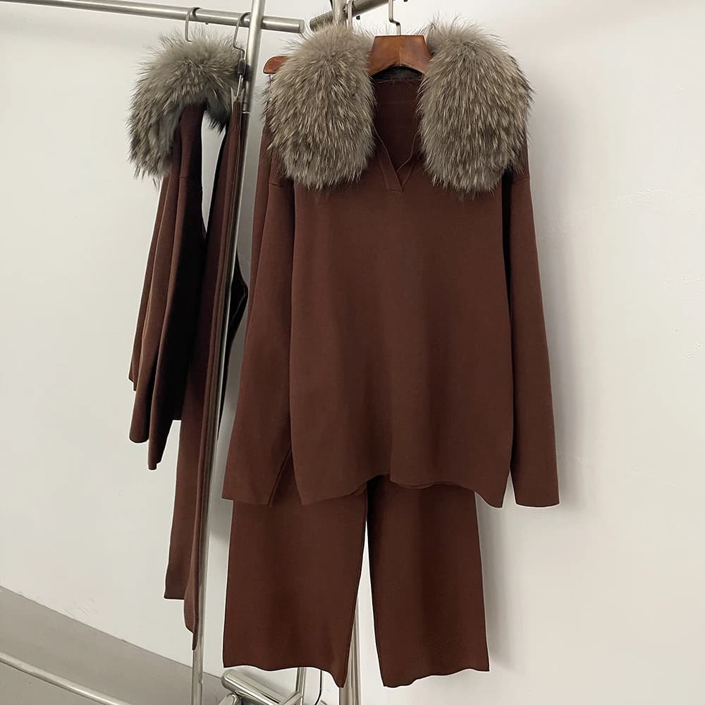 Réalité fourrure veste pull ensemble femme printemps tricoté costume tricots femme réel renard col d
