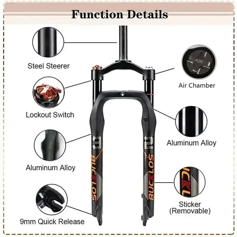 BUCKKub26X4.0-Fourche de vélo à suspension pneumatique, Fat Bike Travel, verrouillage manuel, fourch