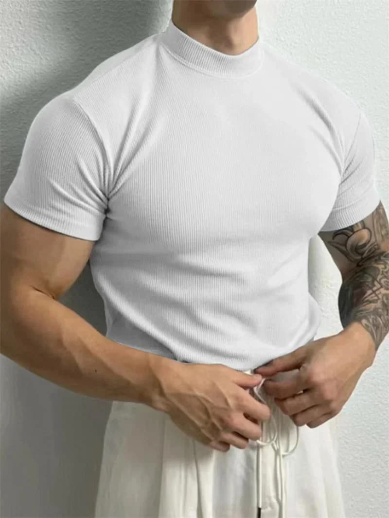 T-shirt manches courtes pour homme, décontracté, élastique, confortable, à rayures, pour fitness, mé