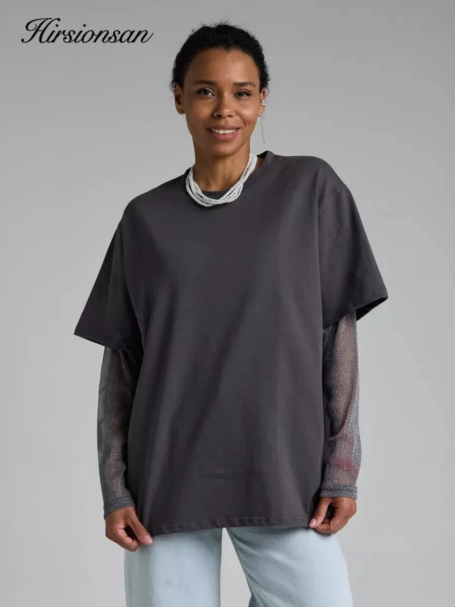 Hirsionsan coton t-shirt femmes 2024 été surdimensionné brillant soie Patchwork à manches longues t-
