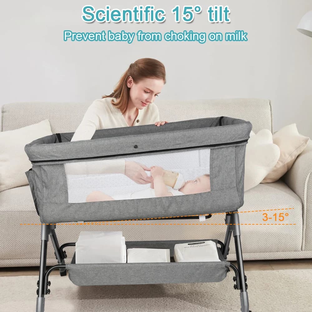 Lit Bébé jusqu'à 9 kg, Cododo Bébé, Réglage de la Hauteur 4 Hauteurs, Inclinaison, 4 Roulettes avec 
