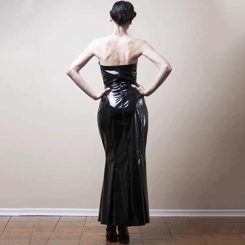 Robe sirène noire sans bretelles pour femme, simili cuir latex, robe longue pour femme, robe de soir