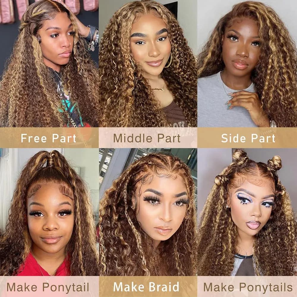 Perruque Lace Frontal Wig naturelle bouclée à reflets, cheveux humains, 13x4, sans colle, HD, Deep W