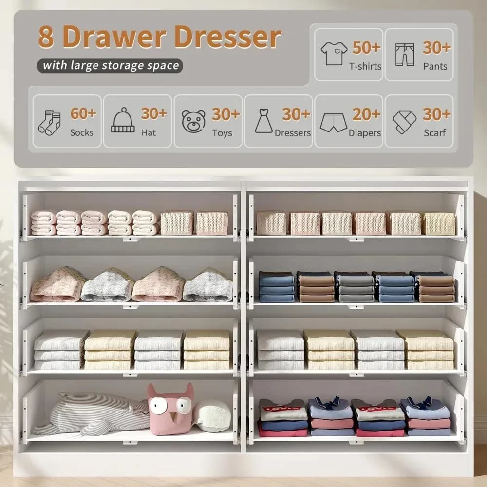 Commode cannelée pour chambre à coucher avec 8 tiroirs, commode double blanche de 55 pouces de large