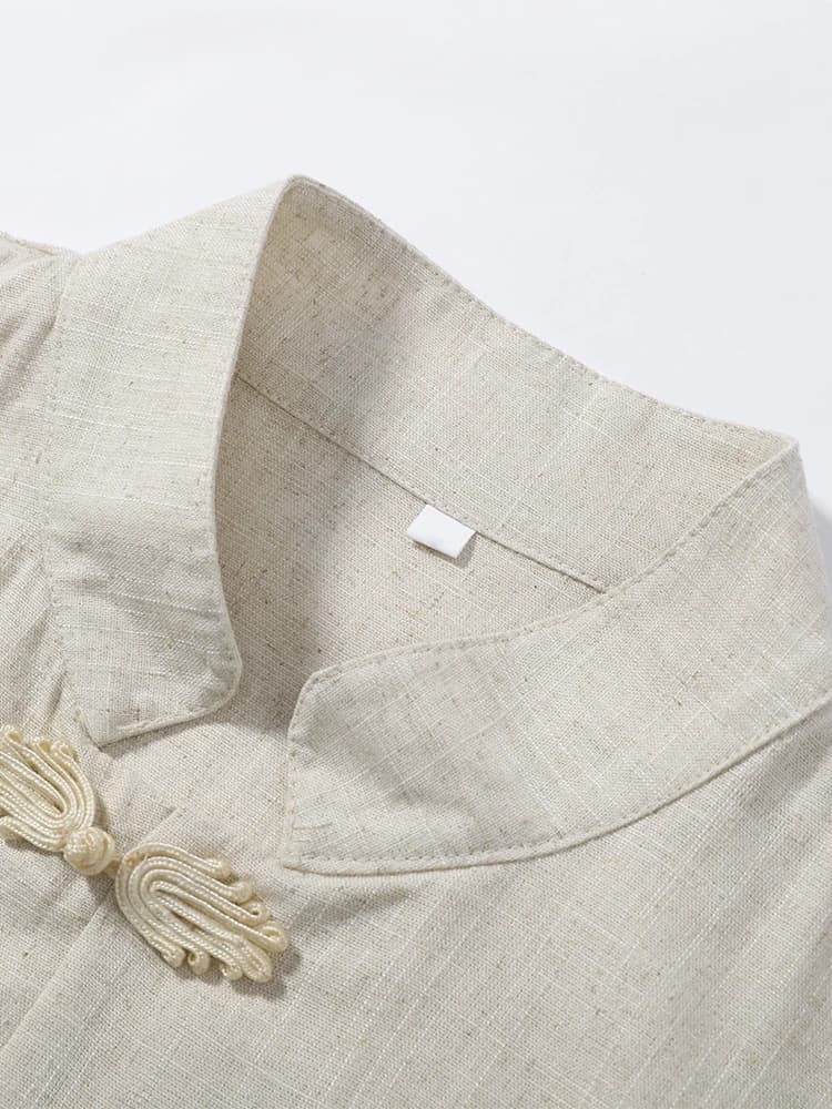 Ensemble 2 pièces mode femme en lin : haut ample à manches longues avec boutons grenouille et lacets