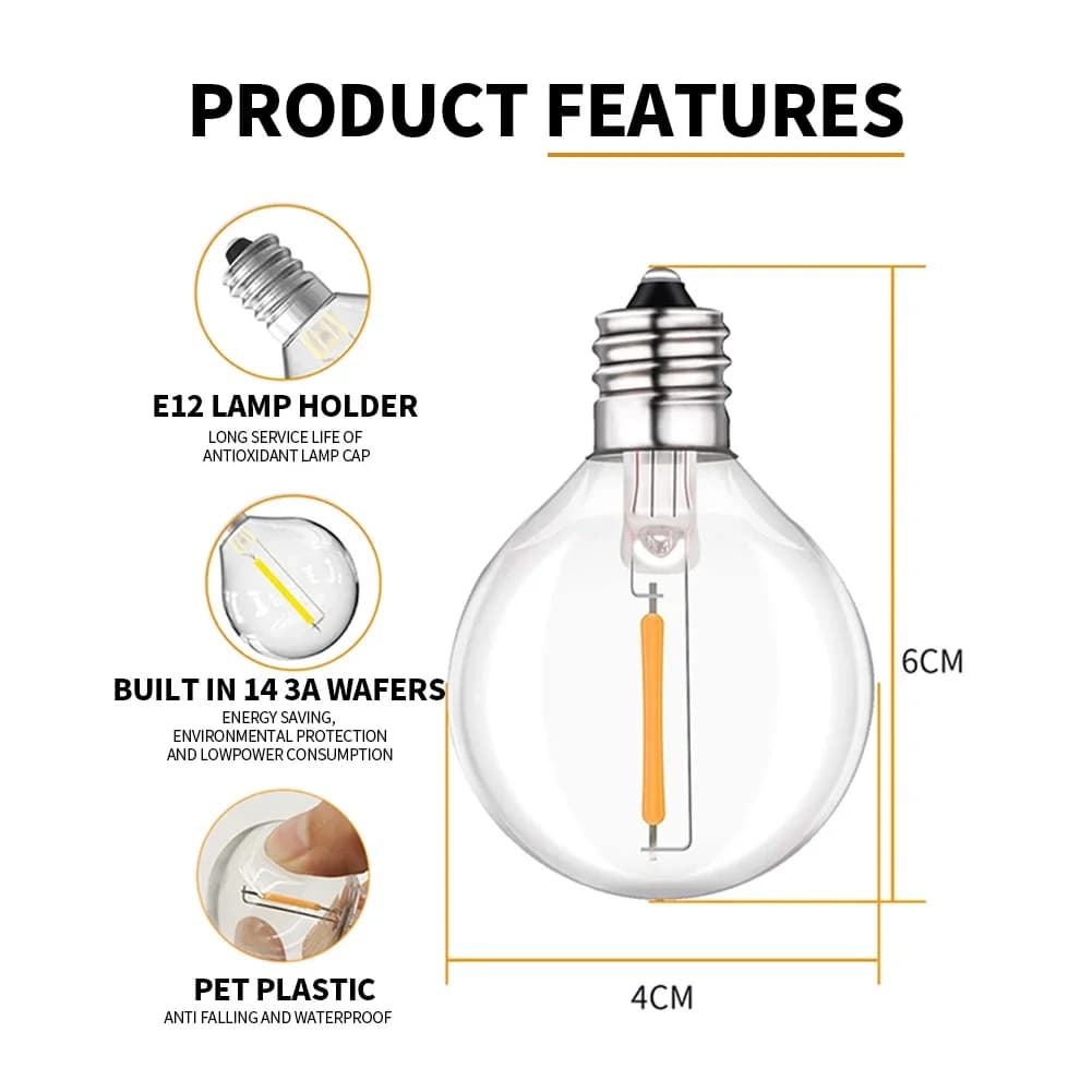 100/50/25ft USB LED lumières 5V 1W G40 ampoule en plastique extérieure étanche tente fée Patio festo