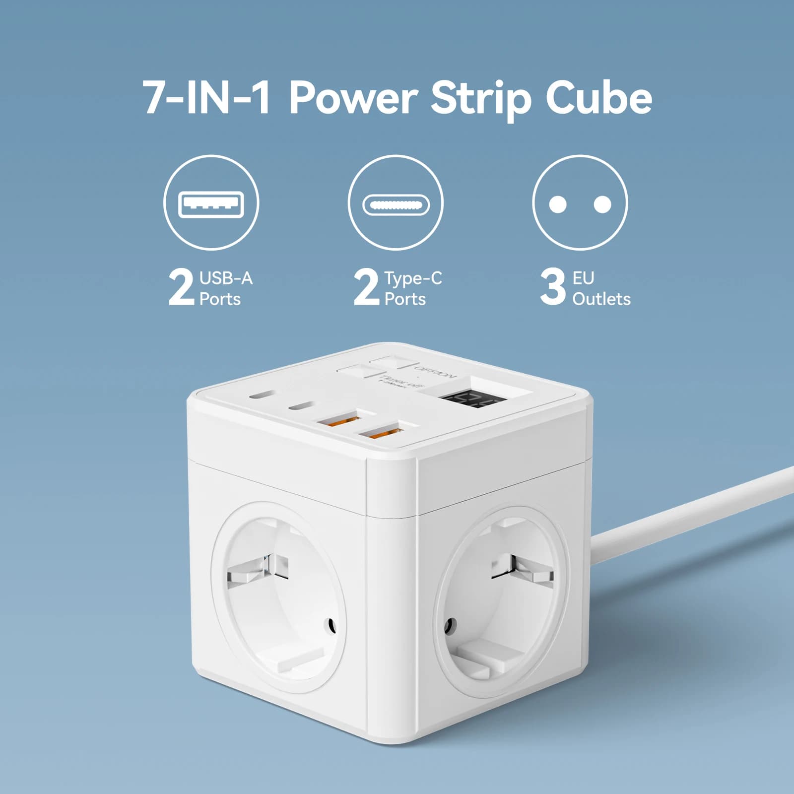 1 multiprise ue 7 en 1, protection contre les surtensions, rallonge de 1,5 m, 3 prises CA 3 USB 1 ty