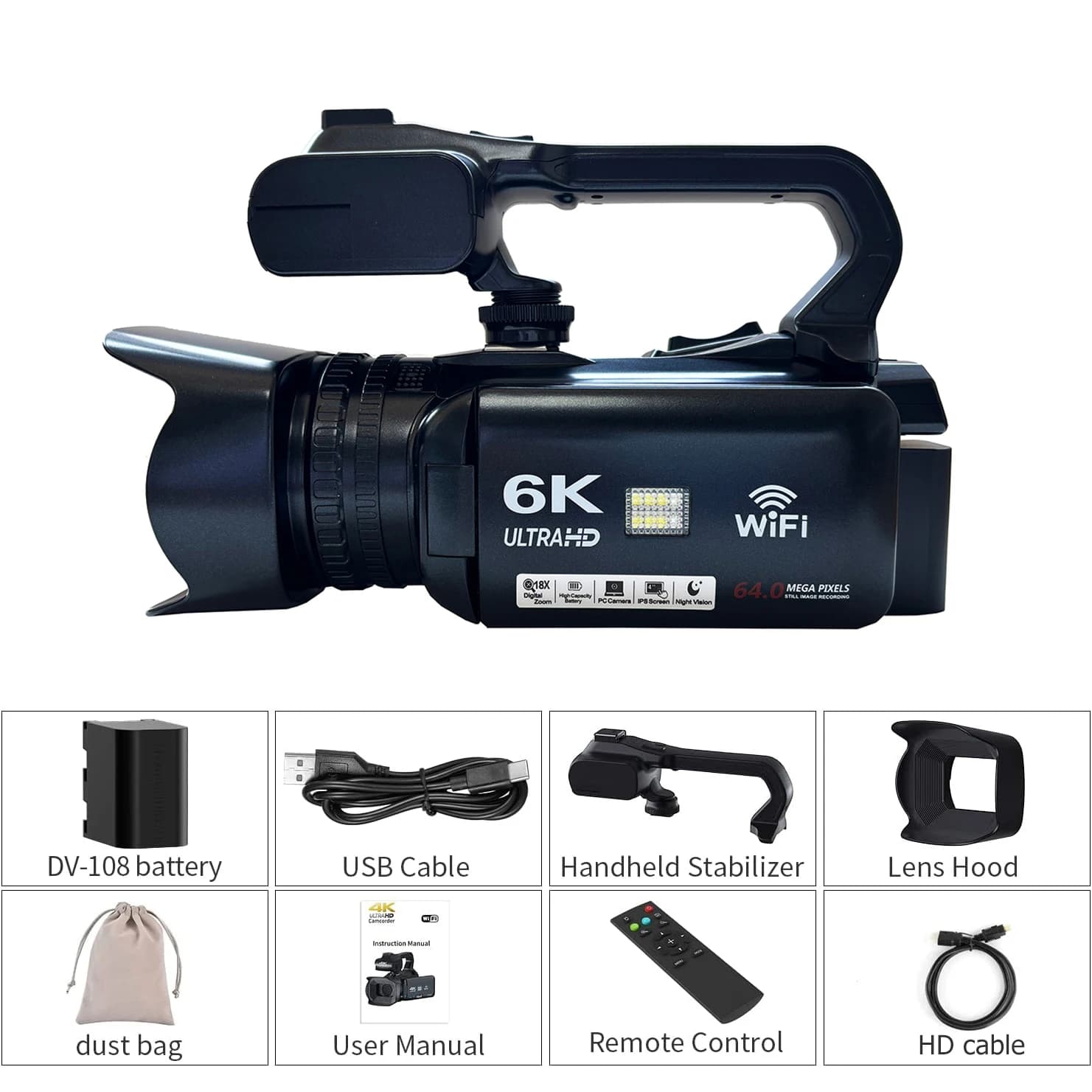 Caméra Vlog 6K en Streaming en direct, Zoom numérique 18X, 64mp IR nuit UHD 4.0, écran tactile IPS, 