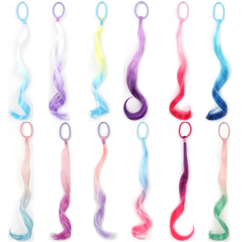 Extensions de cheveux synthétiques colorés pour enfants, extensions de queue de cheval bouclées, lég
