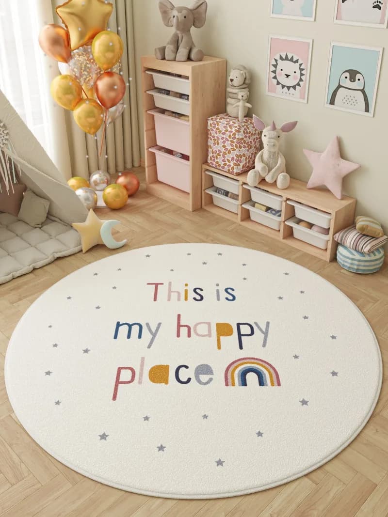 Tapis ronds adorables pour chambre d'enfant, Design Happy Place Sunshine, thème du parc d'alpaga end