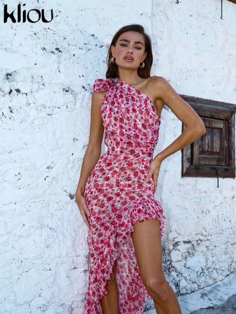 Kliou-Robe à volants irrégulière pour femme, imprimé floral tractif, vêtements fendus sur le côté, t