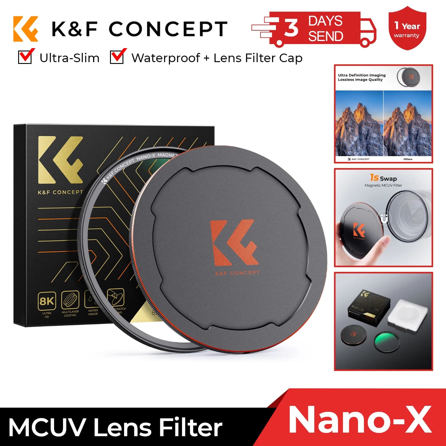 K&F CONCEPT Filtre MCUV magnétique 49mm-82mm, film vert étanche avec couvercle métallique, série Nan