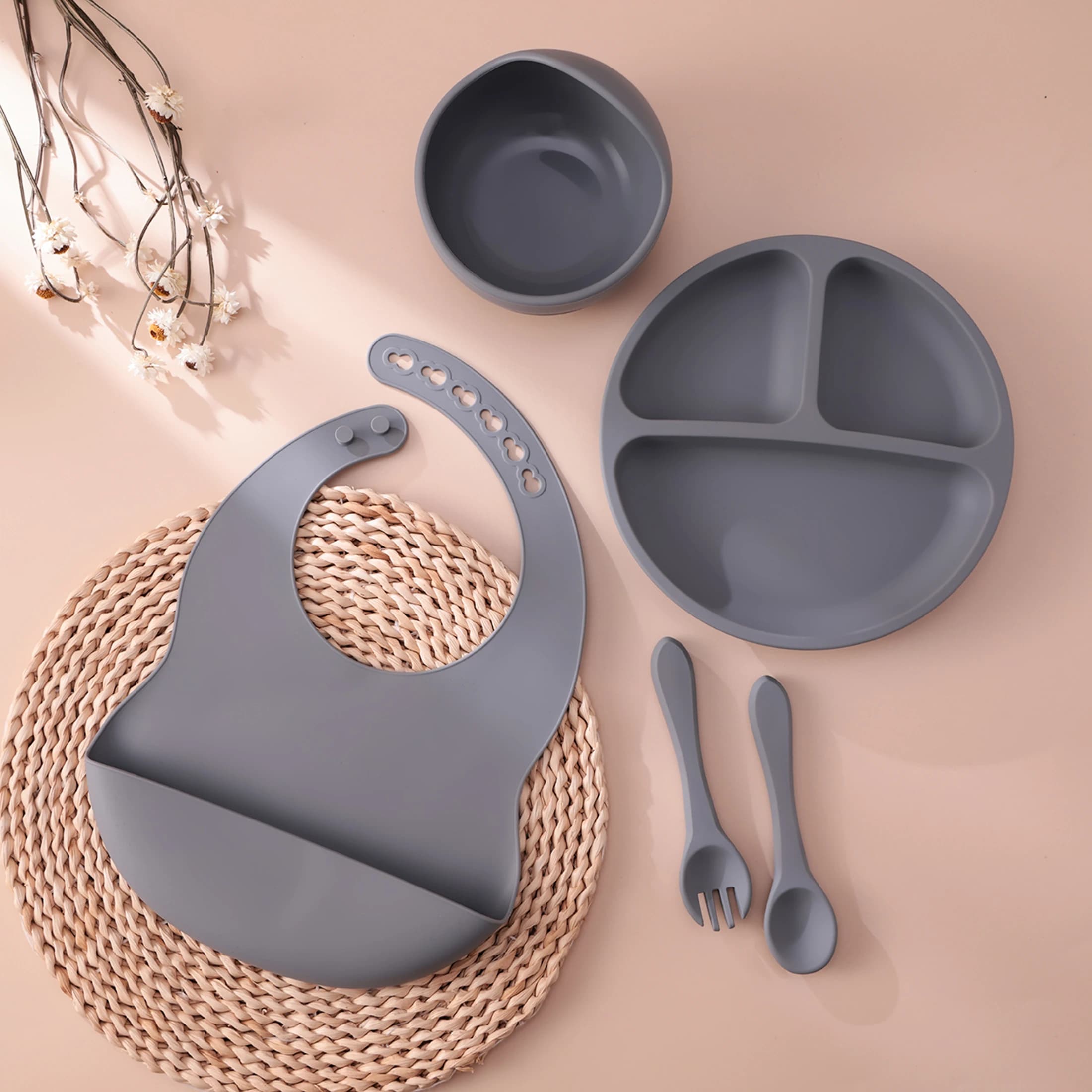 Ensemble d'alimentation en Silicone pour enfants, 5 pièces, plats à succion, assiette sans BPA, bol 