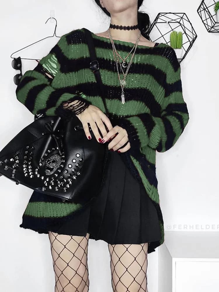 Karrcat Grunge Harajuku rayé tricot pull femmes Y2K Streetwear trou cassé pull ample violet chandail