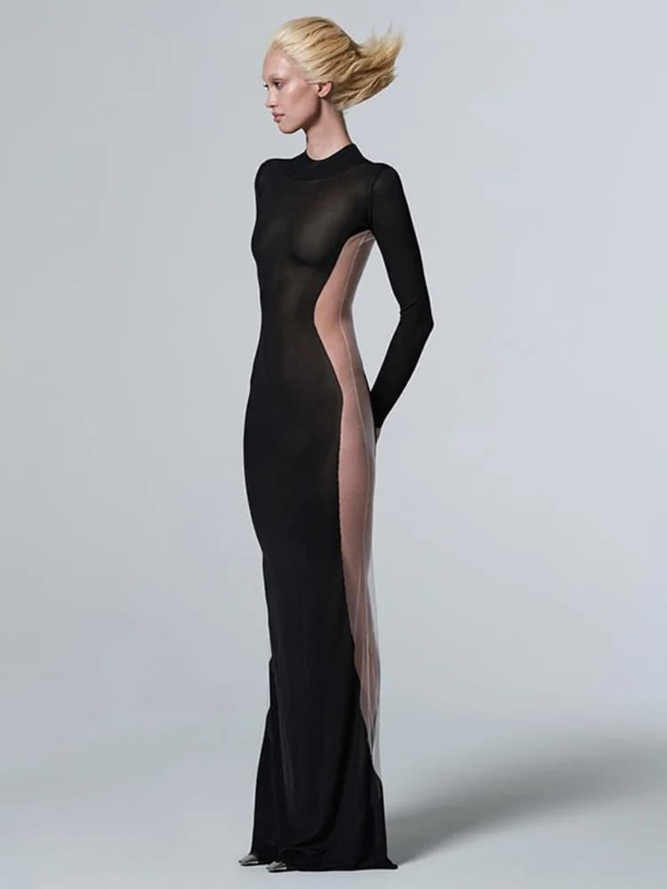 Robe transparente noire pour femme, pull long tambour, vêtements slim, streetwear sexy, patchwork en