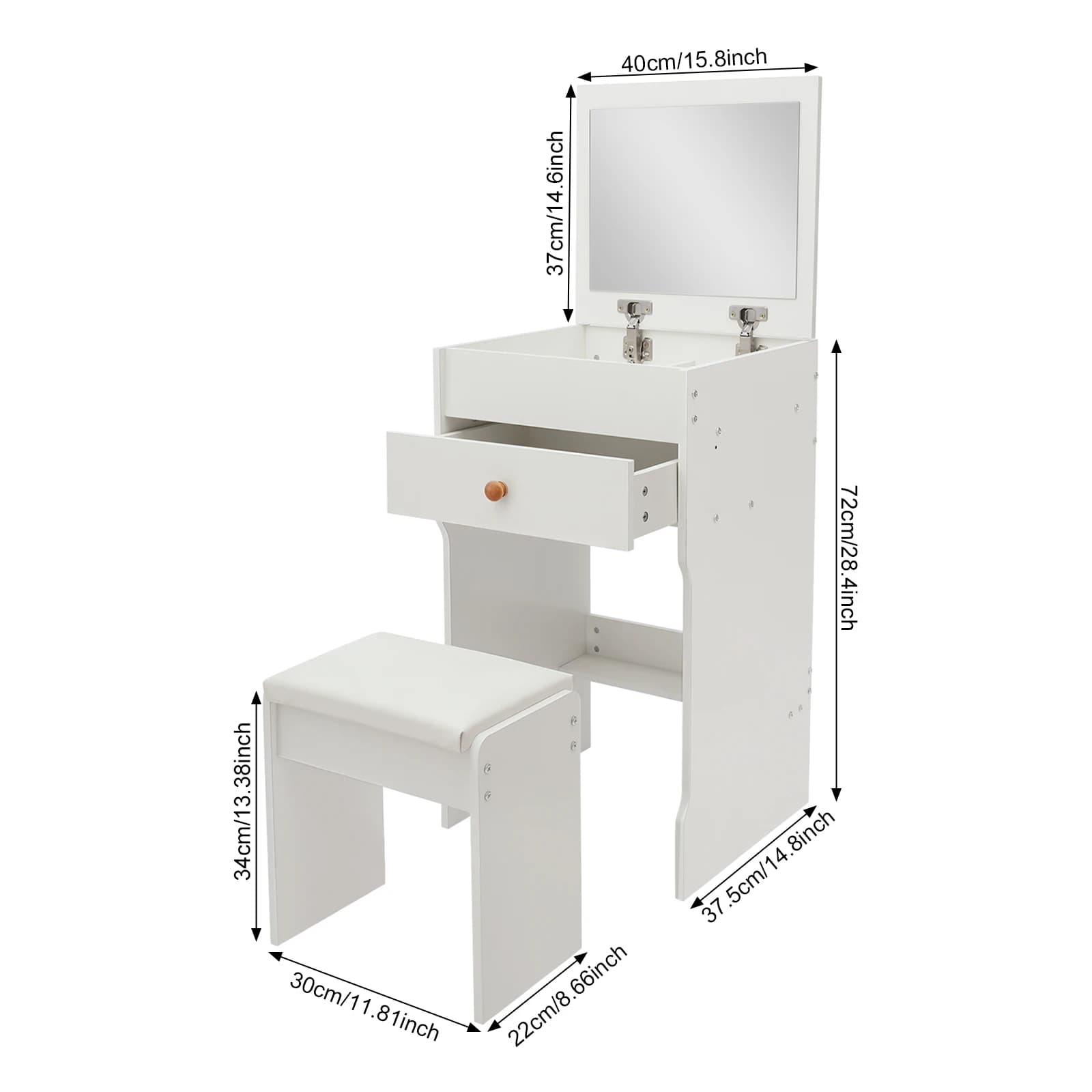 Petit coiffeuse blanc avec miroir rabattable, rangement caché, ensemble de coiffeuse avec plateau en