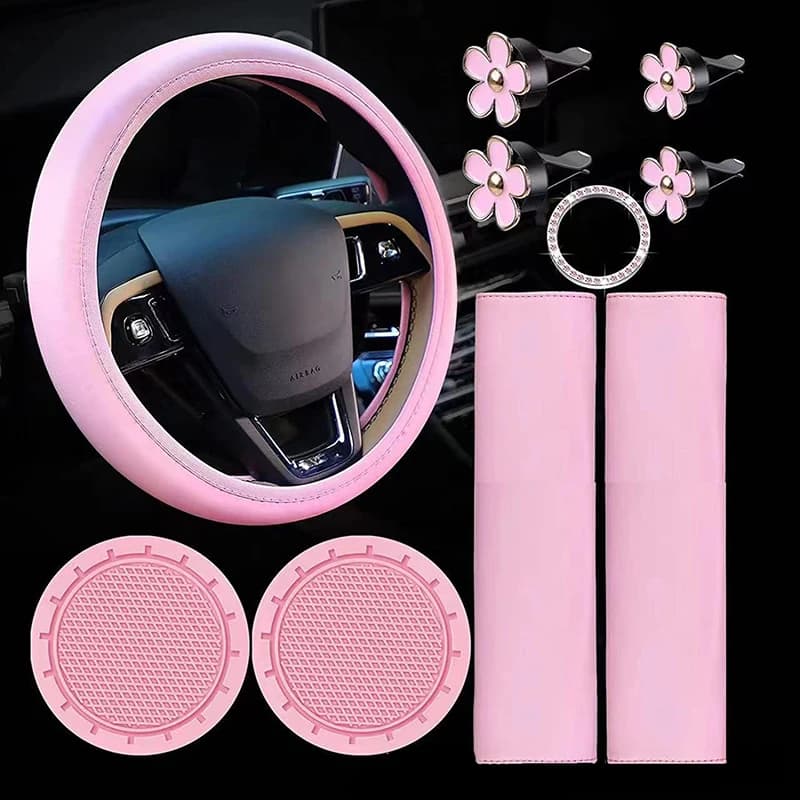 Housse de volant en cuir pour femmes, 10 pièces, ensemble d'accessoires de voiture mignons avec cein