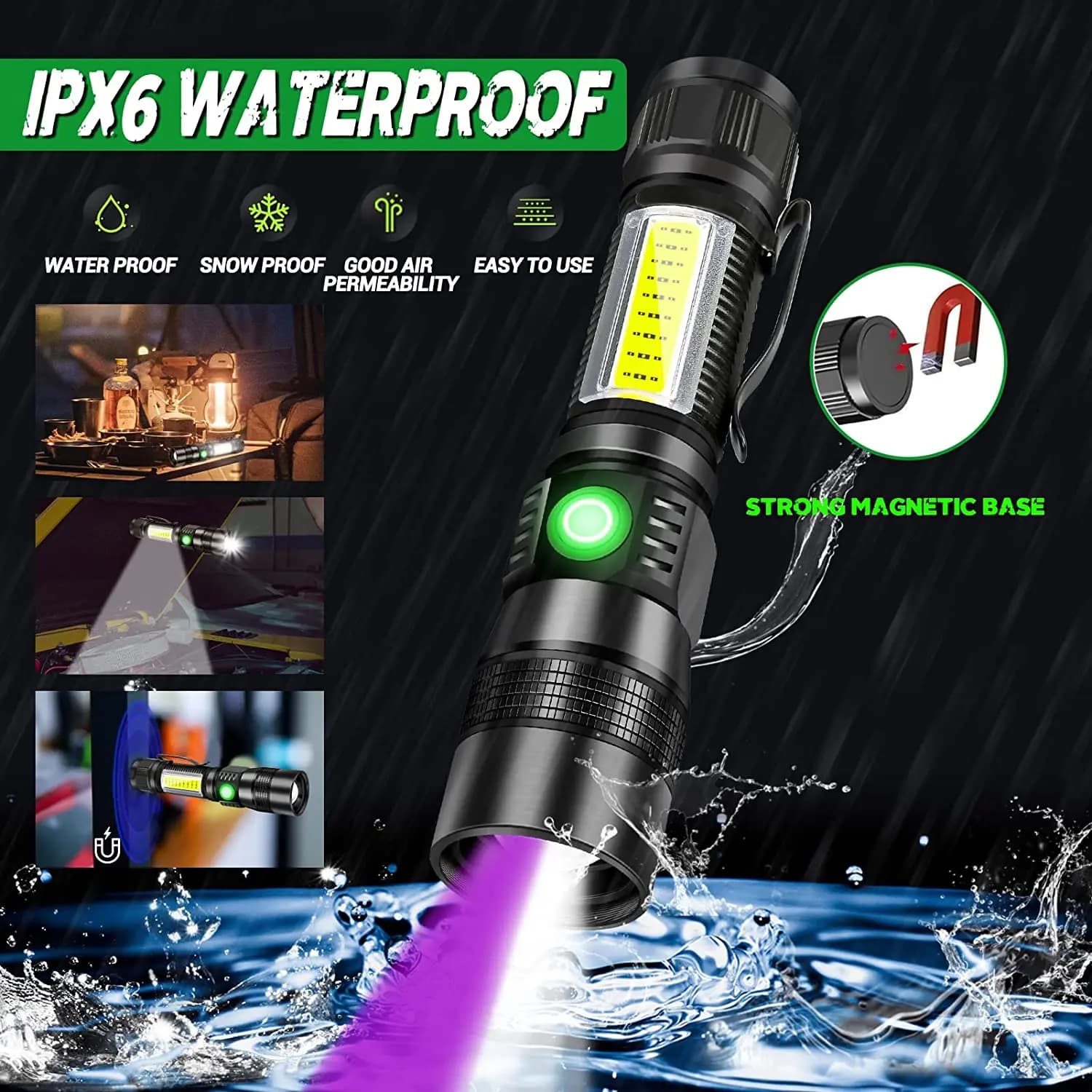 Lampe de poche UV 3 en 1 avec lumière LED de 1200 lumens, torche LED magnétique avec lumière latéral