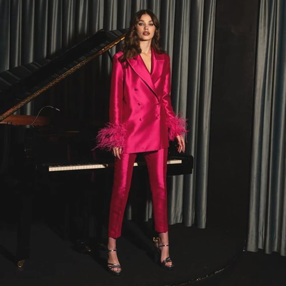 Costume deux pièces de luxe en plumes de Satin rouge Rose pour femmes, ensemble veste et pantalon à 