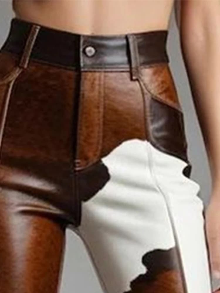 Pantalon évasé en cuir PU à motif vache pour femme, taille haute, pantalon slim en simili cuir, mode
