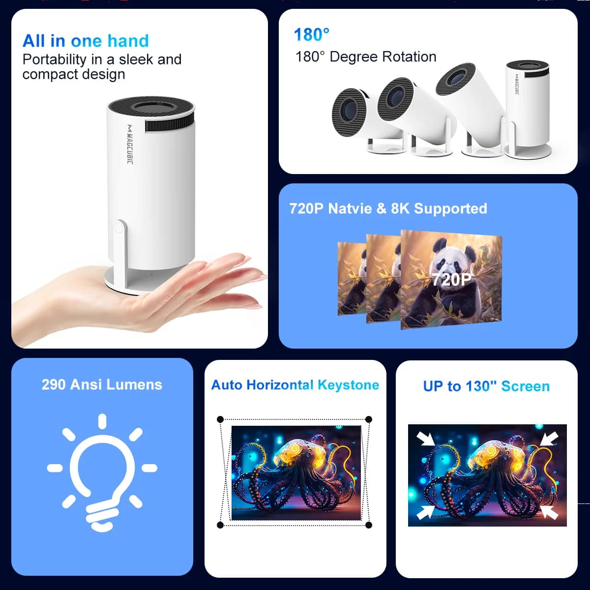 Projecteur magnétique 8K HD Android14 HY300 Pro Wifi6 290ANSI Allwinner H726 BT5.4 1080P 1280*720P c