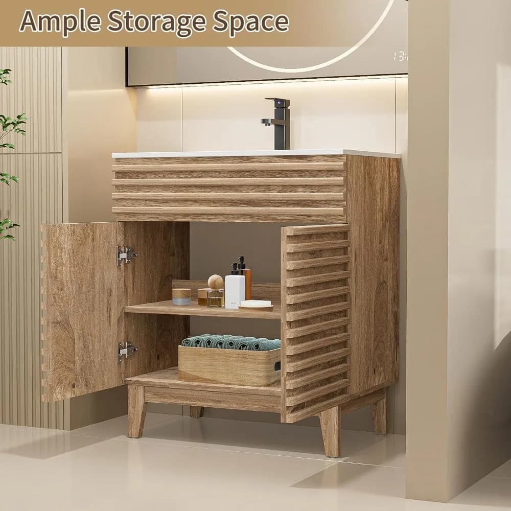 30 vanités de salle de bain avec lavabo combiné, armoire de rangement du milieu du siècle avec rayur