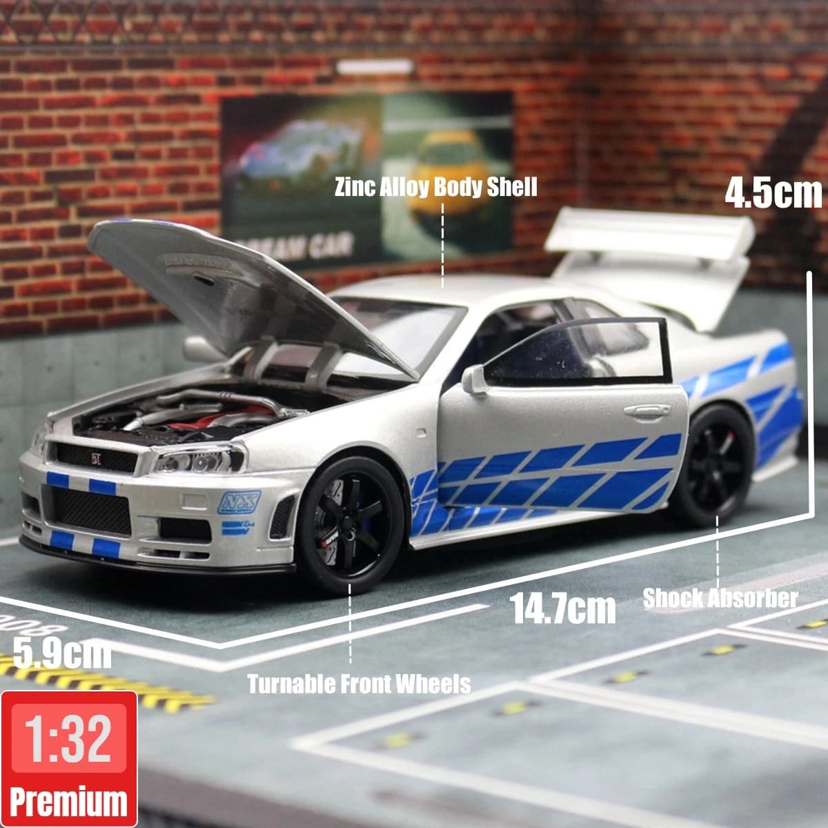 Nissan Skyline GTR R34 JDM, modèle de voiture jouet moulé sous pression, Miniature, son et lumière, 