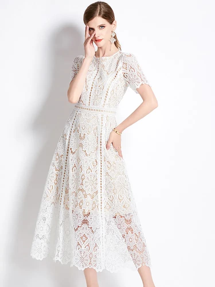 SMTHMA-Robe longue en dentelle évidée pour femme, manches courtes, élégante, mi-longue, haute qualit