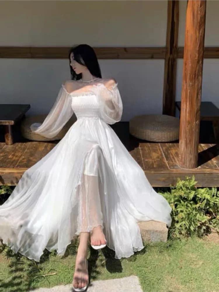 Robes de plage de vacances élégantes pour femmes, couleur unie, manches bouffantes, col Slash, épaul