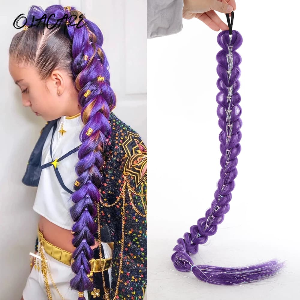 32 pouces tressé violet cheveux queue de cheval avec guirlandes perruque Super Extensions brillant g