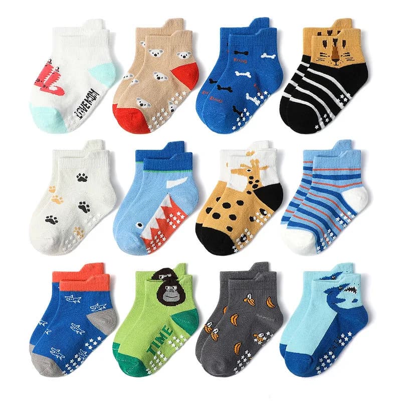 6 paires de chaussettes pour enfants, chaussettes de sol antidérapantes en coton à motif d'animaux d