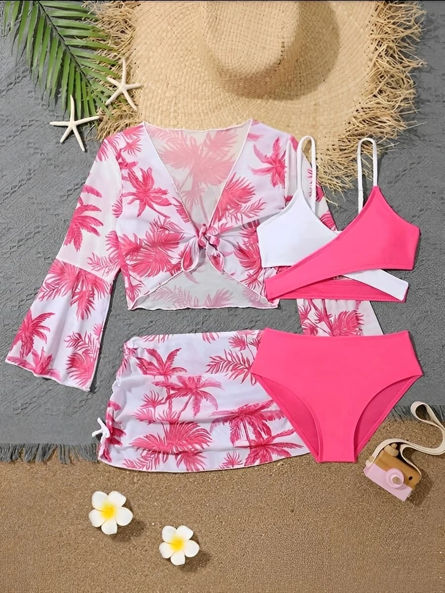 Ensemble 4 pièces haut de bikini et jupe 2026 pour filles, maillot de bain taille haute pour enfants