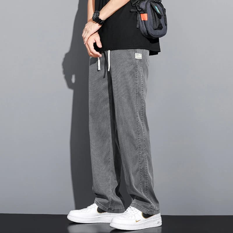 Jean d'été en tissu Lyocell doux pour homme, coupe droite ample, taille élastique avec cordon de ser