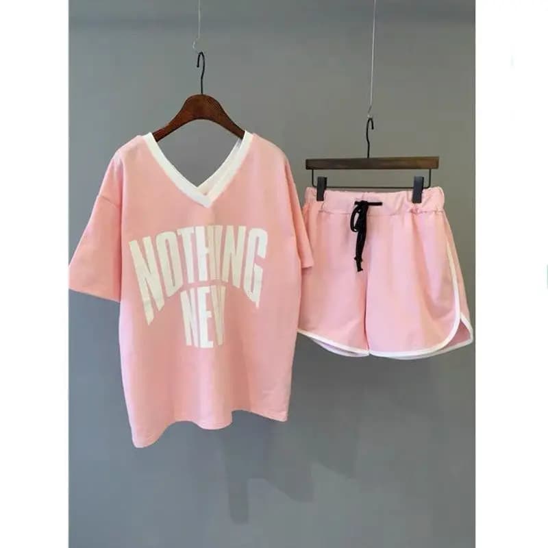 T-shirt manches courtes col en v pour femme, ensemble deux pièces, décontracté, ample, mode, été